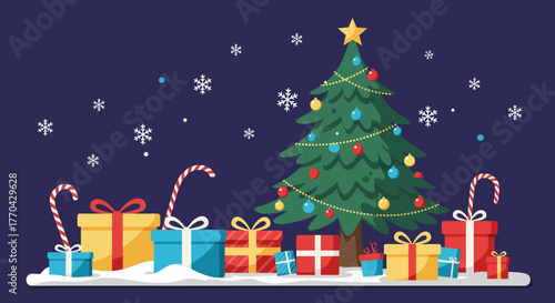 Vibrant Christmas tree surrounded by festive gifts and falling snowflakes creates a joyful holiday scene perfect for seasonal celebrations and promotions.