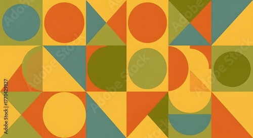 A vibrant geometric pattern featuring circles, squares, and triangles in a retro mid-century modern color palette.