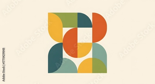 Abstract geometric pattern with rounded squares and semi-circles in warm and cool colors.