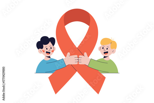 Two people hold hands around an orange ribbon representing support and awareness.