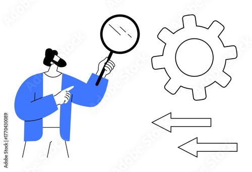 Person holding magnifying glass examining gear, two arrows indicating process flow. Ideal for problem-solving, analysis, workflow, process optimization, innovation, engineering, system thinking