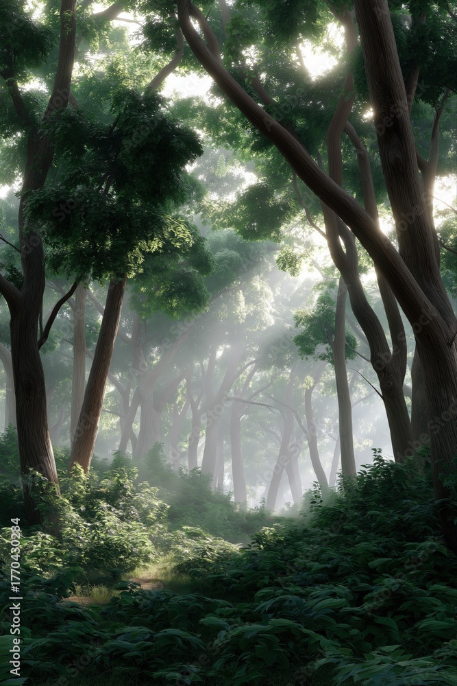 Fototapeta premium Sunlit forest path through dense greenery in serene woodland