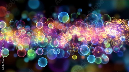 Neon glowing bubbles slowly rising against a black background. A beautiful, vibrant background for congratulatory videos