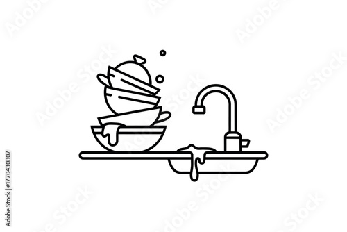 A stack of dirty dishes sits in a kitchen sink next to a faucet.