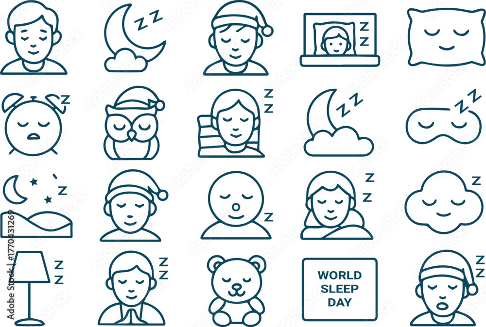 Fototapeta premium Collection of sleeprelated icons isolated on white background, featuring sleeping faces, moon, stars, alarm clock, teddy bear, and world sleep day sign in outline style