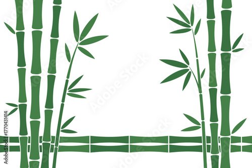 Green bamboo stalks and leaves create a decorative border on a white background.