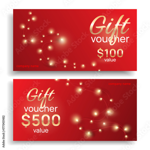 Luxury Holiday gift voucher designs set in red with glowing golden light decorations , for holiday promotions, Christmas campaigns, corporate gifts, discounts, coupons, retail marketing. Vector