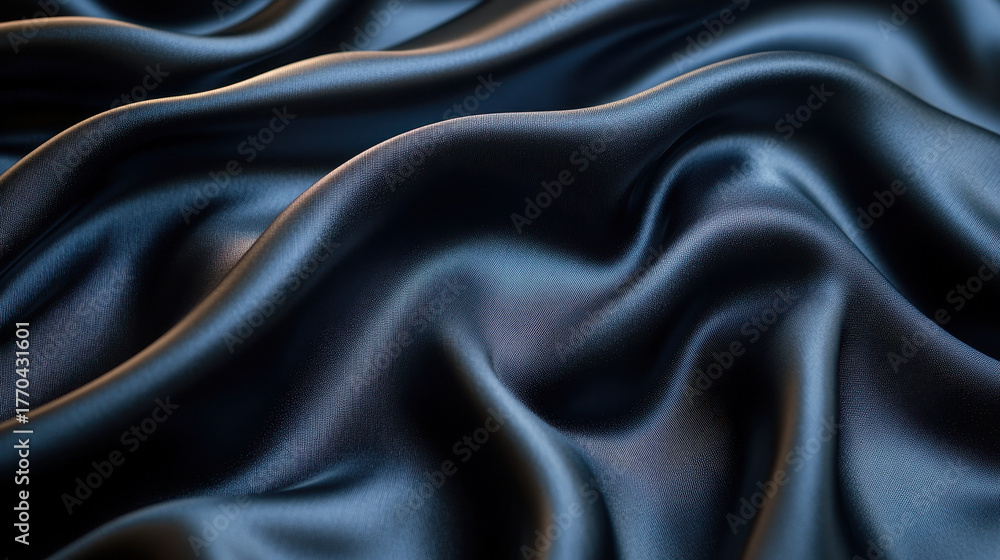 Fototapeta premium Luxurious dark blue silk fabric with elegant folds and shimmering highlights, perfect opulent texture background for fashion and design