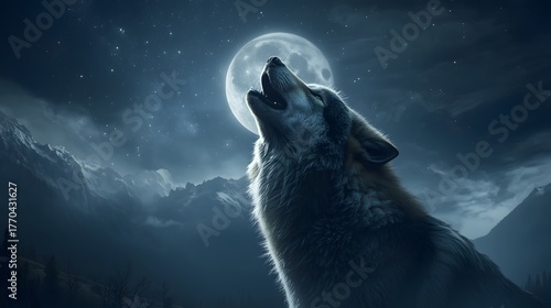 Majestic wolf howling at the full moon under a starry night sky, misty mountain landscape