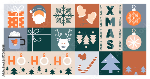 Christmas grid banner background with flat holiday icons and elements in a retro color, for website headers, banners, holiday ads, social media, packaging, gift cards, seasonal marketing. Vector