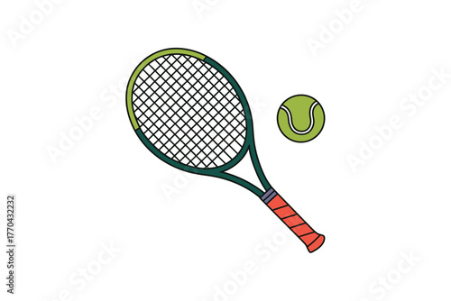 A tennis racket and ball are ready for a game on a white background.