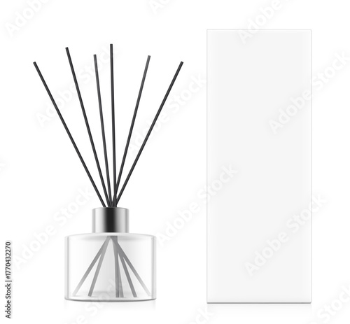 Aroma stick diffuser or reed diffuser with paperboard box mockup. High realistic. Vector illustration isolated on white background. Ready for use in presentation, promo, advertising and more. EPS10.