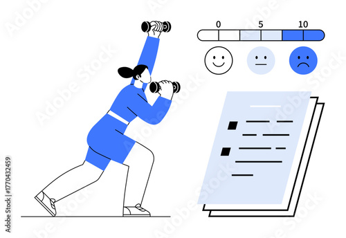 Woman exercises with dumbbells, checklist nearby, emotional scale indicates feedback evaluation. Ideal for fitness, goal-setting, self-improvement, motivation, health tracking, routine building