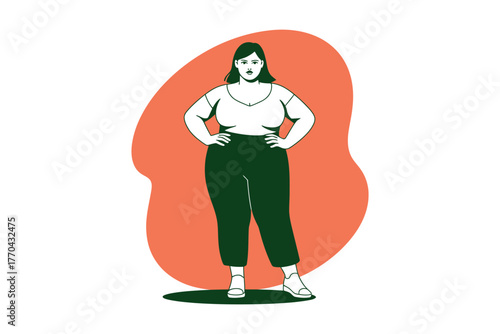 A woman stands with her hands on her hips against a circular background.