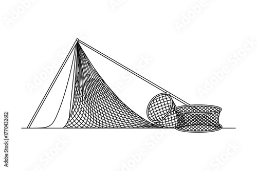 A net supported by poles is used to catch objects in this abstract illustration.