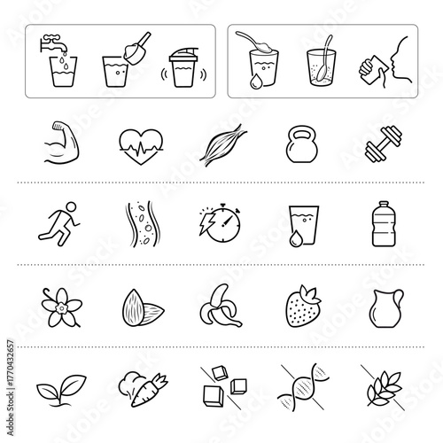 Icon sheet for preparing sport nutrition.Set for package, shows user instruction. The outline icons are well scalable and editable. EPS10.