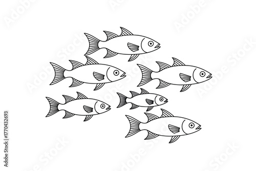 A school of fish swims together in a unified group.