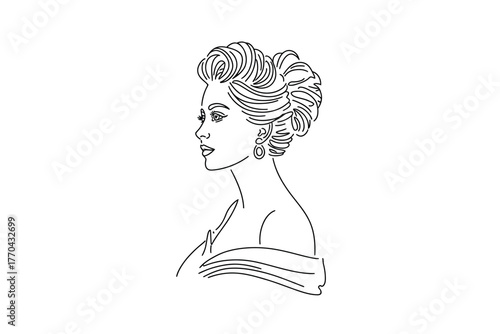 Elegant woman's profile with an elaborate hairstyle and earrings, captured in a delicate line art style.