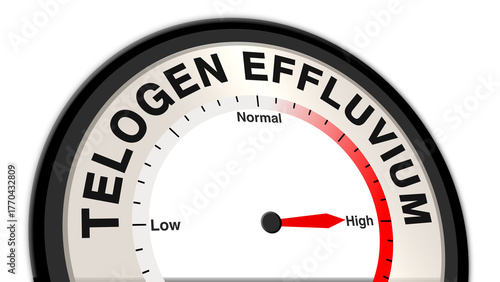Telogen effluvium at a severe level shown on a barometer or tachometer, symbolizing significant hair loss due to stress, illness, or medication, requiring urgent treatment and hair restoration
