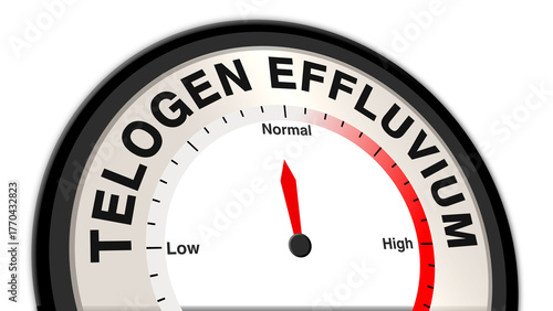 Telogen effluvium at a moderate level displayed on a barometer or tachometer, reflecting noticeable hair shedding due to stress or hormonal changes, requiring ongoing care and monitoring