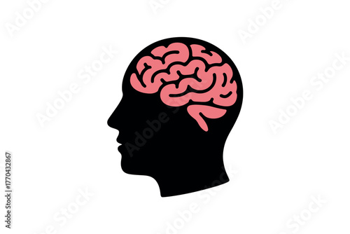 A profile silhouette of a human head revealing a pink brain illustration