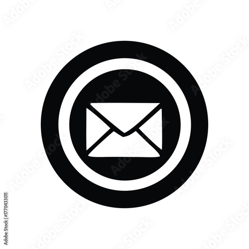 Simple black and white circular icon featuring a stylized envelope, representing communication and correspondence