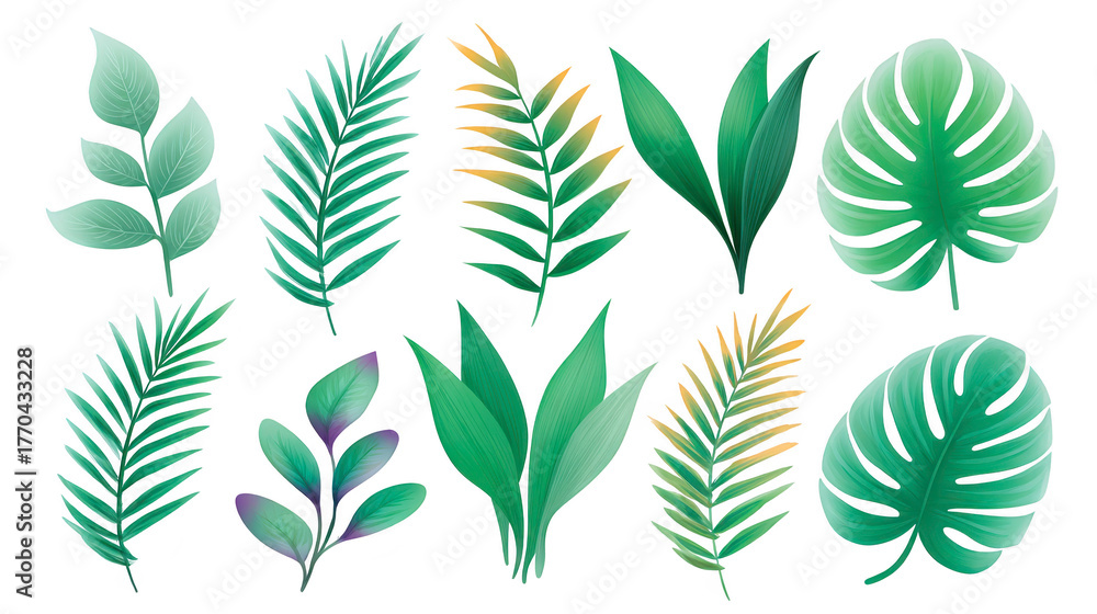 Fototapeta premium Tropical leaf green foliage palm leaf monstera botanical nature exotic lush decorative vibrant collection of tropical leaves with various shapes and shades of green perfect for natural and fresh