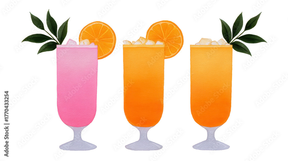 Fototapeta premium Pink cocktail, orange cocktail, and tropical drink in tall glass with ice, orange slice, and green leaf garnish, refreshing summer beverage illustration, cheerful mood