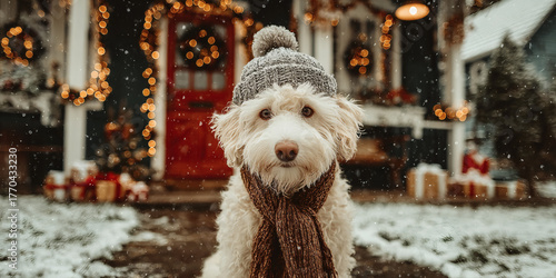 Cute Dog in Winter Hat and Scarf — Christmas and New Year Postcard Scene