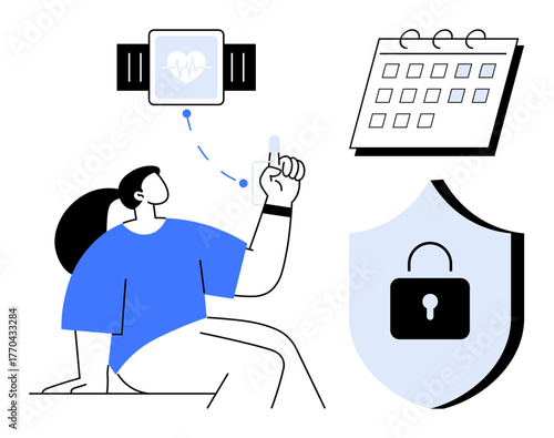 Woman activates smartwatch with gesture, linked to a calendar and shield icon symbolizing security. Ideal for health tracking, wellness, technology, scheduling, fitness, privacy, digital planning