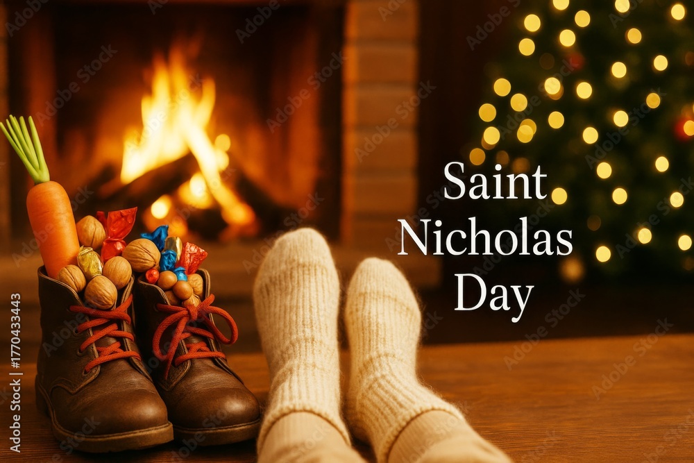 Naklejka premium Saint nicholas day celebration with shoes filled with treats near cozy fireplace