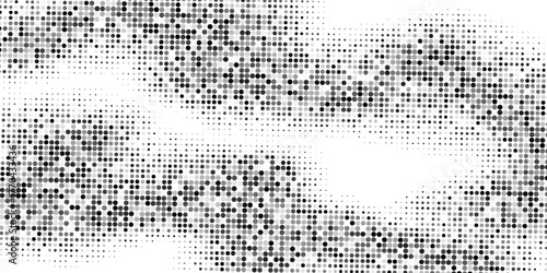 Black halftone wave background. Abstract grainy fluid texture. Dotted curved dot flow wallpaper. Grit swoosh overlay element for poster, banner, brochure, flyer, leaflet, template. Vector backdrop