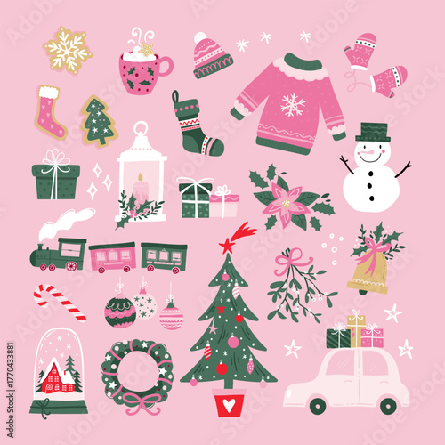 Cute hand drawn christmas elements, lovely vector illustrations with vibrant colors, great for cards, invitations, prints