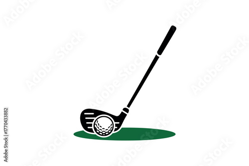 A golf club is poised to strike a golf ball on a tee box.