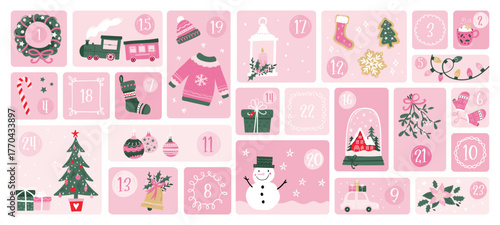Cute hand drawn Christmas advent calendar. Lovely doodle drawings, vector design
