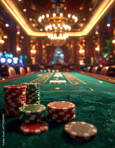 3D casino poker table with cards, chips, and glowing lights, cinematic atmosphere, luxury casino design.