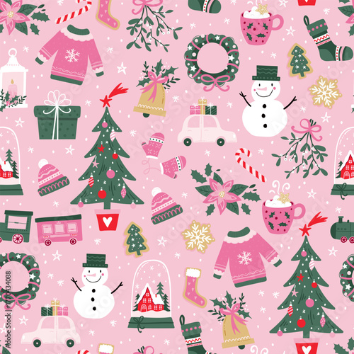 Lovely christmas seamless pattern, cute characters and decoration, great for wrapping paper, textiles, banners, wallpapers - vector design