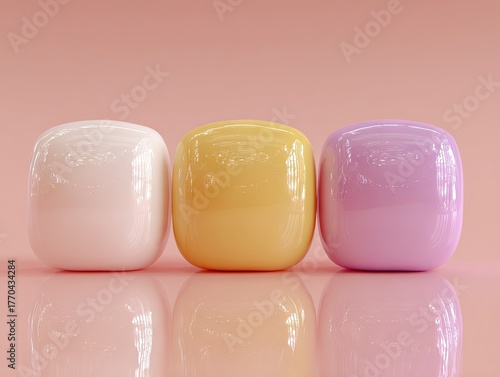 Three glossy pastel cubes in white, yellow, and lavender tones on a reflective surface, symbolizing balance, softness, and modern minimal design