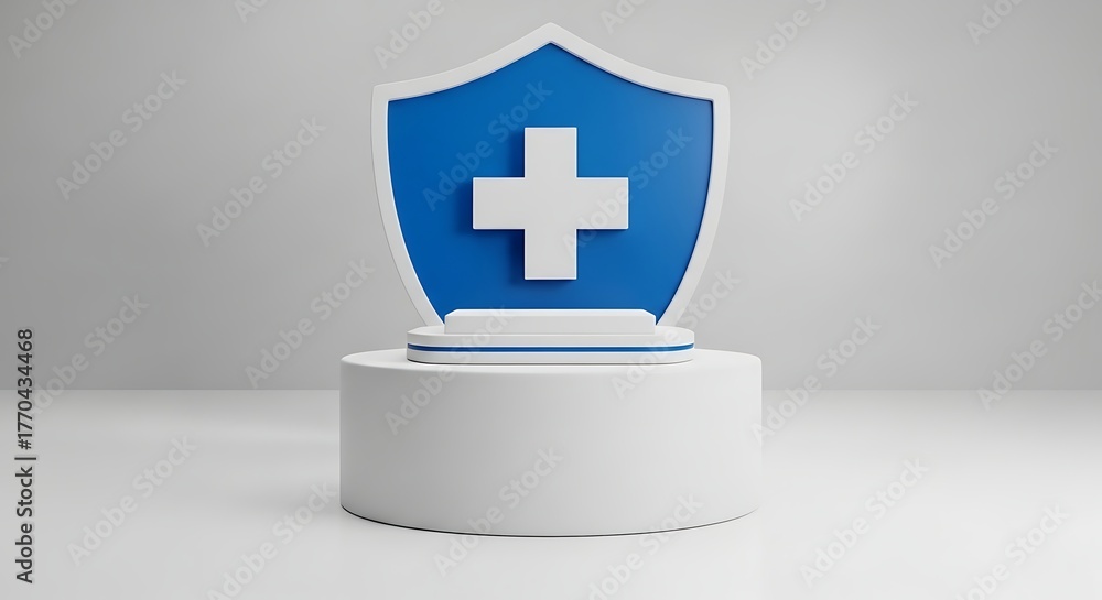Obraz premium 3d white medical podium background for health product. Blue pharmacy shield for medicine advertising with platform and plus sign in studio. Cylinder pedestal for healthcare presentation illustration