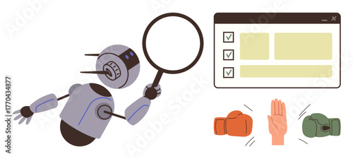 Robot holding magnifying glass studies online checklist and decision icons boxing gloves, hand signal. Ideal for AI, analysis, decision-making, automation, technology, innovation, problem-solving