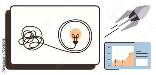 Unraveled wire forming idea bulb, growth chart, and rocket conveying creativity, success, productivity. Ideal for innovation, solution, progress, strategy start-up growth ideas simple flat