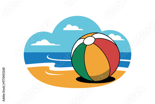 A colorful beach ball rests on the sand beside a gentle ocean wave under a blue sky with clouds.