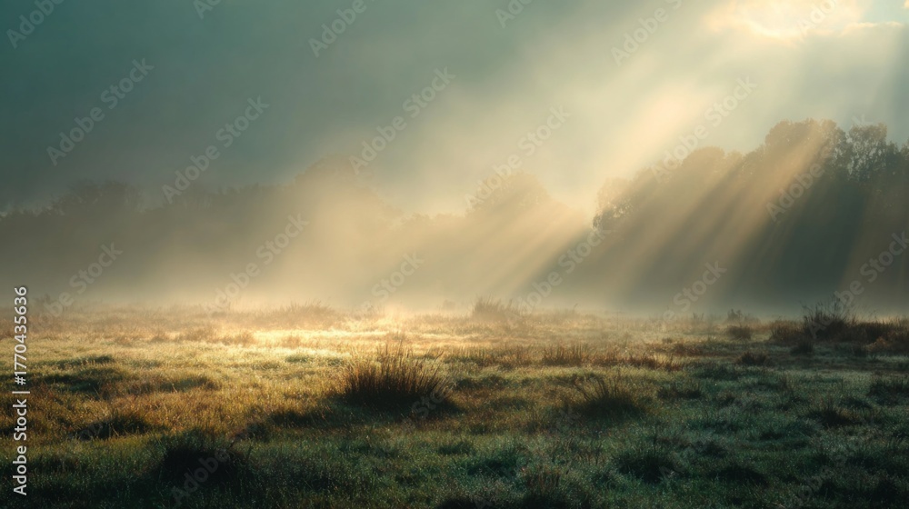 Fototapeta premium Serene Morning Landscape with Soft Light Rays Illuminating Misty Meadow and Forest in the Background at Dawn in a Tranquil Natural Environment