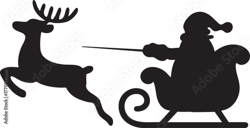 Black Silhouette of Santa Claus Riding Sleigh with Reindeer Vector