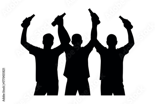 Silhouettes of three people raising bottles in celebration.