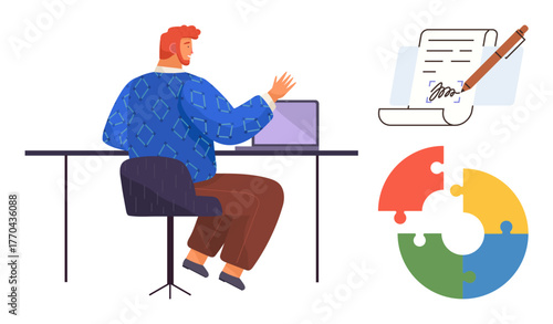 Person sitting at desk using laptop, contract with signature, dynamic puzzle chart. Ideal for teamwork, productivity, collaboration, agreements, data analysis negotiation planning. Simple flat