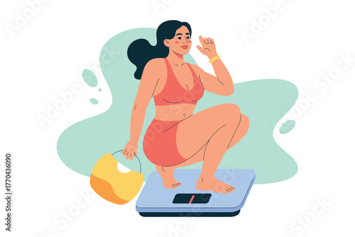A woman in athletic wear crouches on a scale holding a bag, symbolizing fitness progress.
