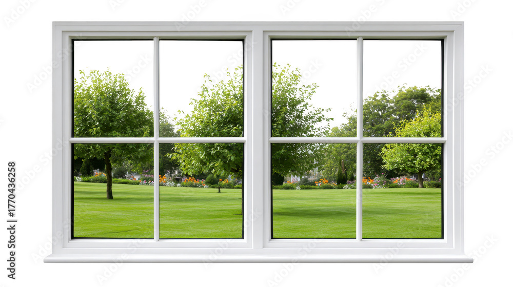 Naklejka premium White frame window with clear glass panes showing lush green park, vibrant trees, and manicured grass, creating peaceful and refreshing outdoor view