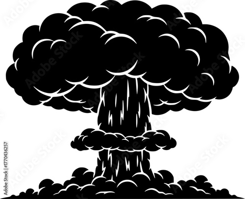 Mushroom Cloud Silhouette – Black Vector Illustration, Atomic Explosion, Nuclear Blast, Smoke Plume, War, Destruction, Energy, Danger, Clipart, Editable Vector Design.