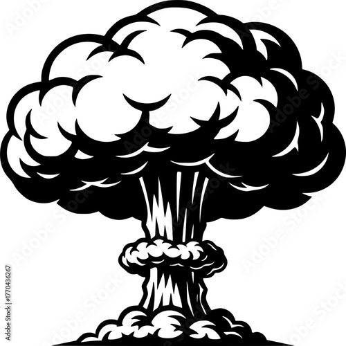 Mushroom Cloud Silhouette – Black Vector Illustration, Atomic Explosion, Nuclear Blast, Smoke Plume, War, Destruction, Energy, Danger, Clipart, Editable Vector Design.